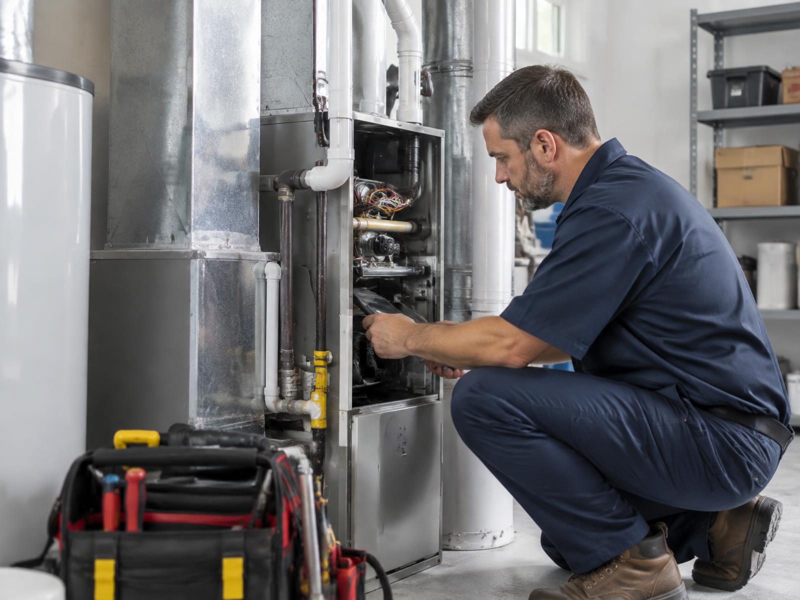 HVAC technician carefully inspecting a residential furnace